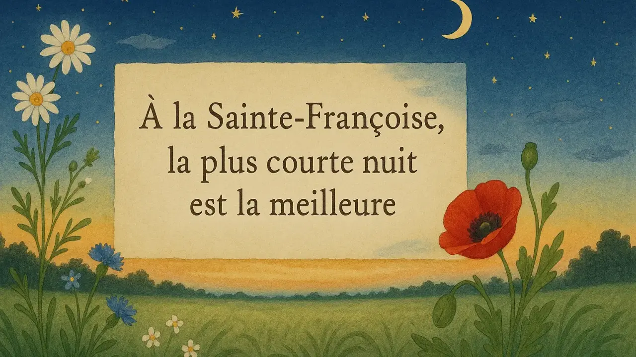 Un proverbe provençal illustré : "À la Sainte-Françoise, la plus courte nuit est la meilleure". Fleurs et ciel étoilé.
