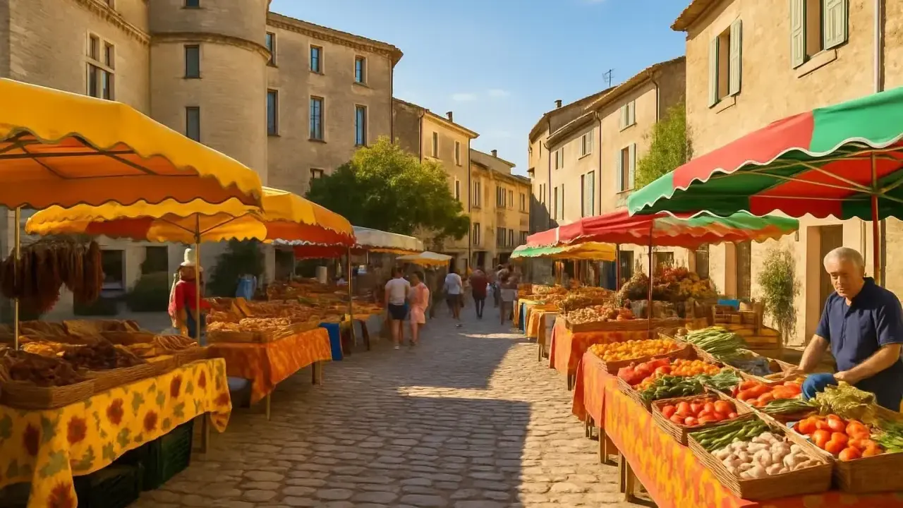 Gordes marché animé, étals colorés de fruits et légumes sous le soleil provençal.