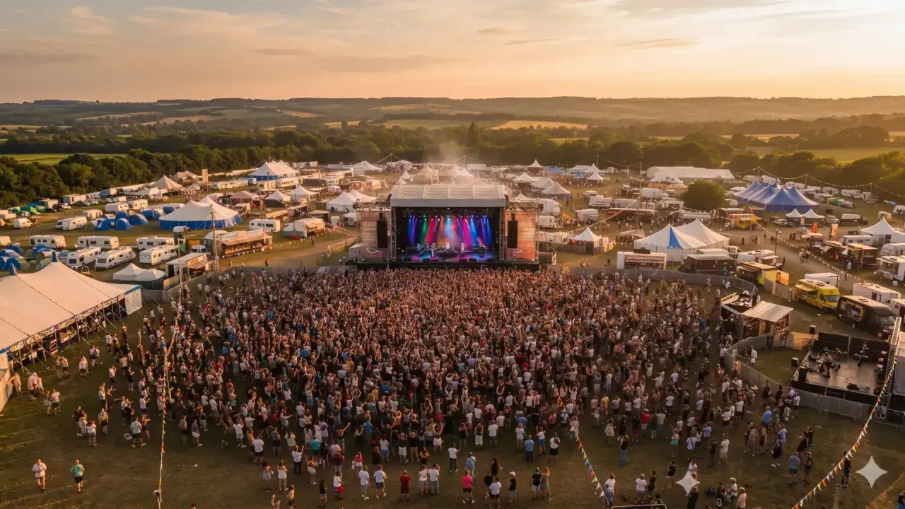 Scène de concert animée lors du festival Monteux, avec une foule immense sous un ciel doré.