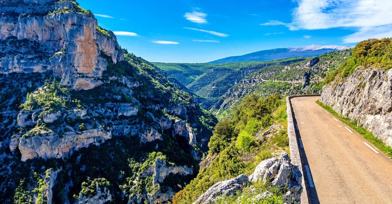 Vue panoramique des gorges de la Nesque, une route sinueuse longeant des falaises abruptes et une végétation luxuriante. Parfait pour une randonnée mémorable.