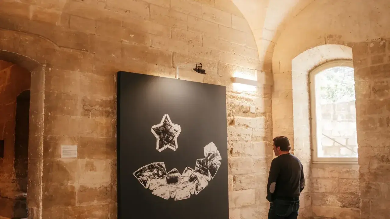 Un homme admire une œuvre d'art abstraite lors d'une expo Avignon. La pièce représente une étoile au-dessus d'une forme souriante composée de fragments.