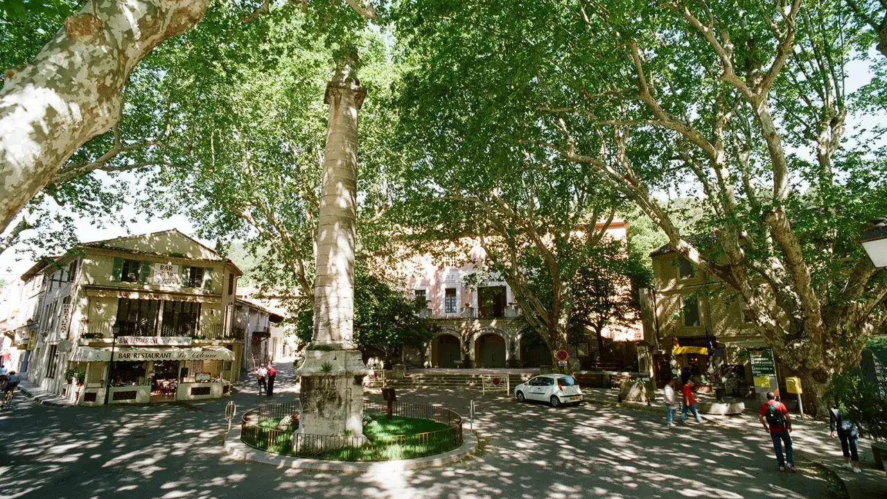 La colonne fontaine de Vaucluse, un monument imposant, se dresse au centre d'une place ombragée par de grands arbres. Des bâtiments anciens bordent la place, dont un bar-restaurant.
