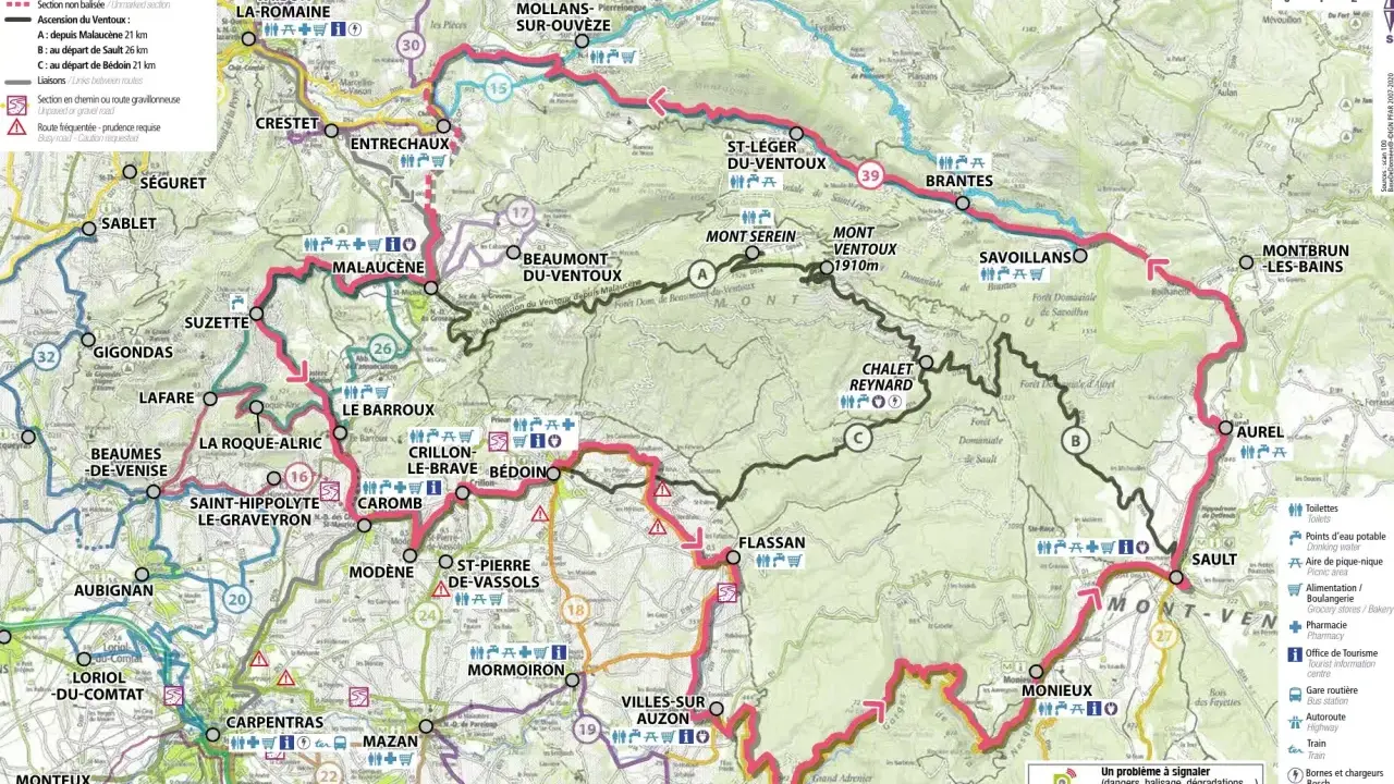 Carte du tour du Mont Ventoux à vélo, avec les villages, routes et dénivelés.