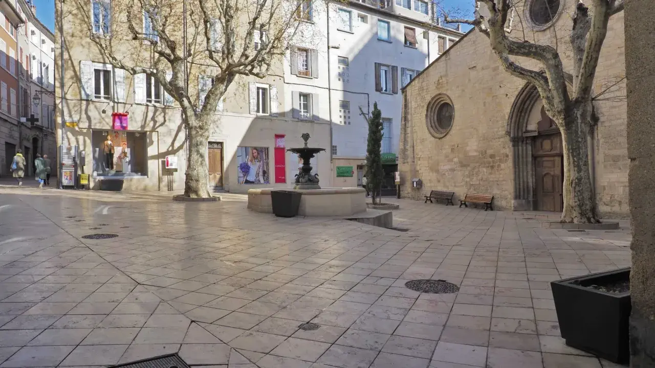 Place de l'église Saint-Sauveur à Manosque, avec sa fontaine et ses platanes dénudés.