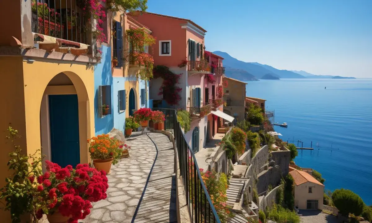 Un chemin pavé serpente entre des maisons colorées fleuries, dominant la mer bleue. Un aperçu des plus beaux villages autour de Cassis.