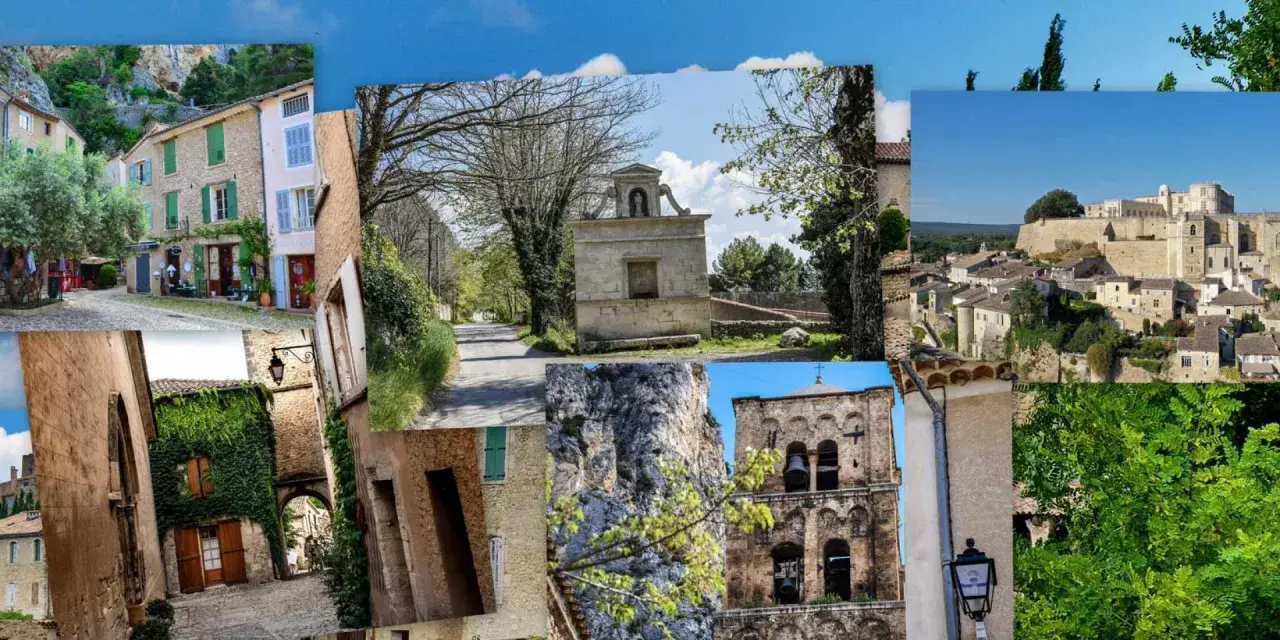 Collage de vues pittoresques de Mirabeau, ville provençale avec ses ruelles, son clocher et ses maisons de pierre.