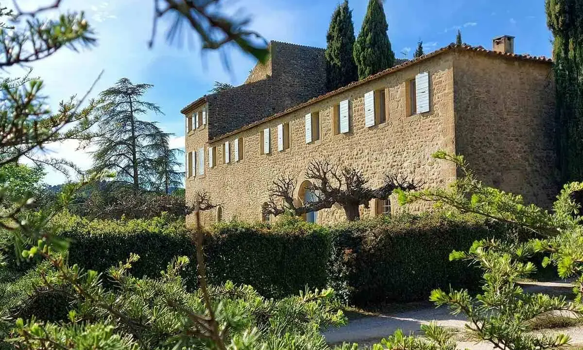 Le **château Saint-Pierre de Mejannes** se dresse, baigné de soleil, derrière une haie taillée et des branches de pin.