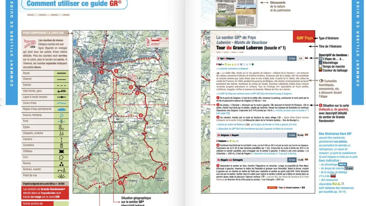 Carte touristique du Vaucluse : le GR® du Luberon, ses étapes, kilométrages et curiosités.