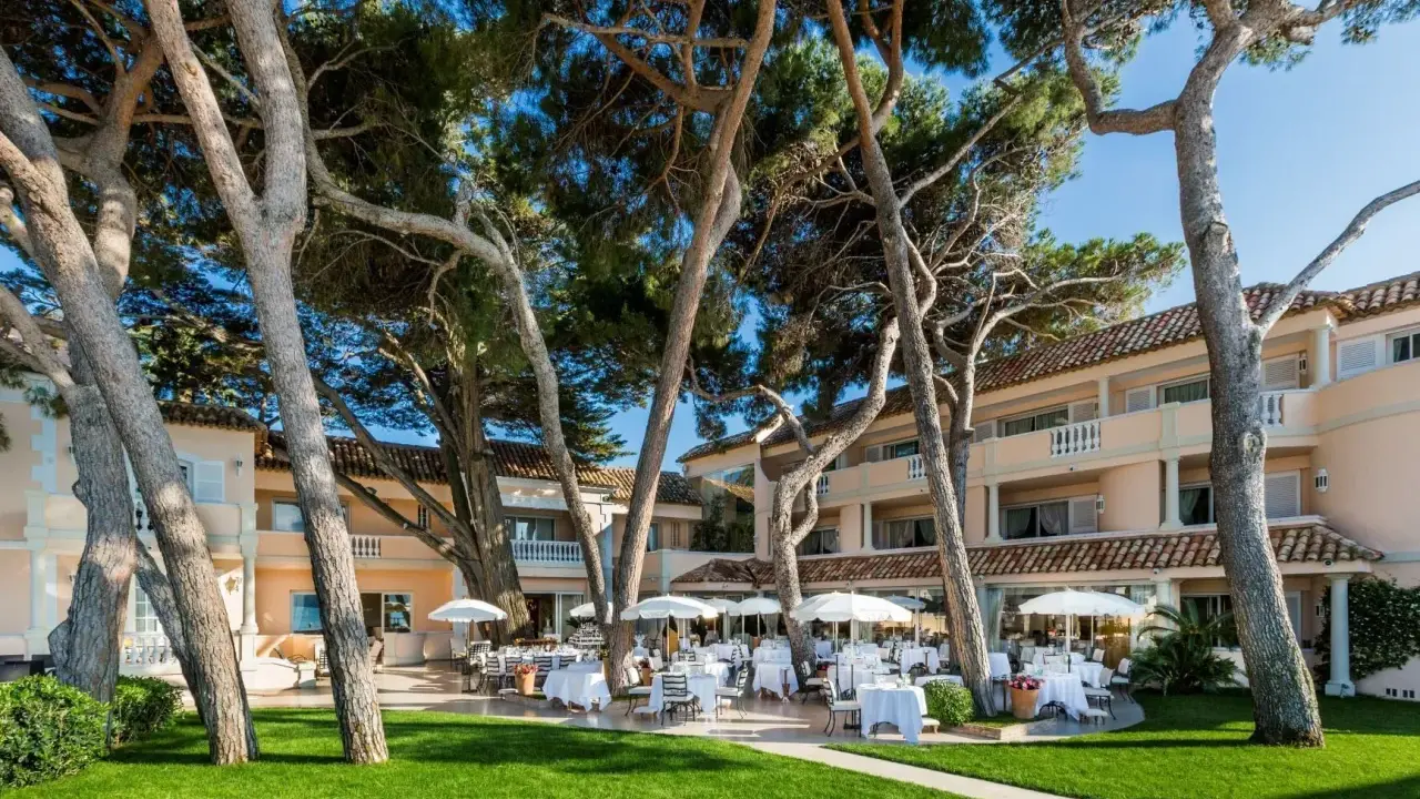 Un magnifique cheval blanc se promène dans un jardin luxuriant en Provence, près d'un hôtel de luxe avec terrasse.