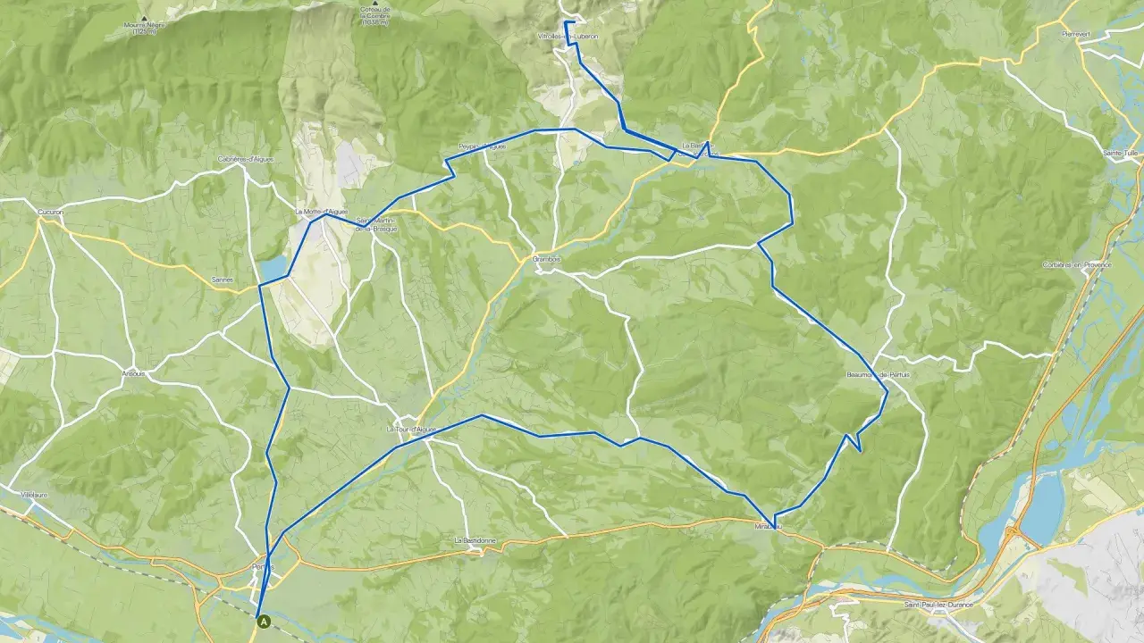 Carte d'un parcours VTT autour de Pertuis, traversant des villages comme La Tour-d'Aigues et Grambois, avec des reliefs marqués.