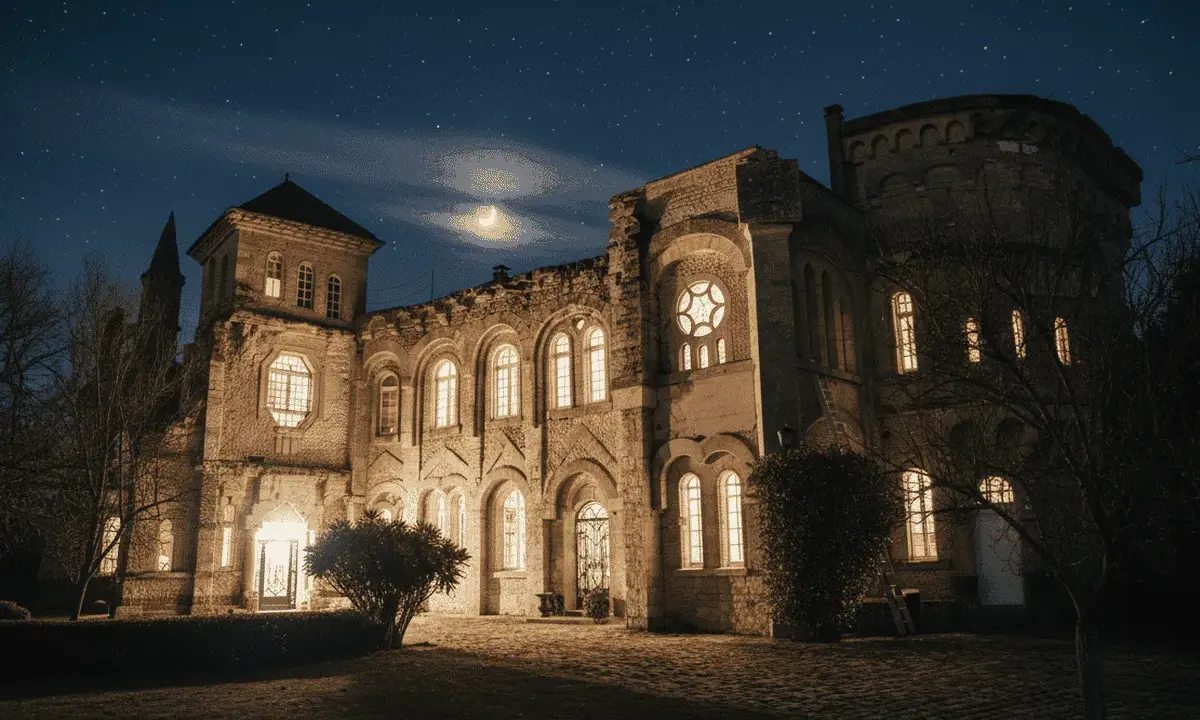 Un château illuminé sous un ciel étoilé et une lune croissante. Les fenêtres brillent, invitant à découvrir les mystères des nuits du château.