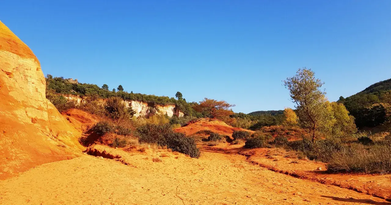 Paysage ocre et rougeoyant du Colorado provençal, avec des falaises, des arbustes et un ciel bleu intense.