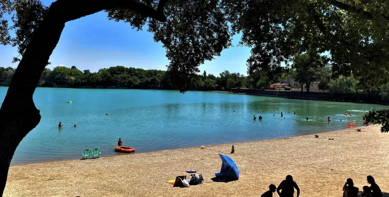 Baignade et détente sur la plage du lac de Bonnieux, sous le feuillage d'un grand arbre. L'eau turquoise invite à la baignade.