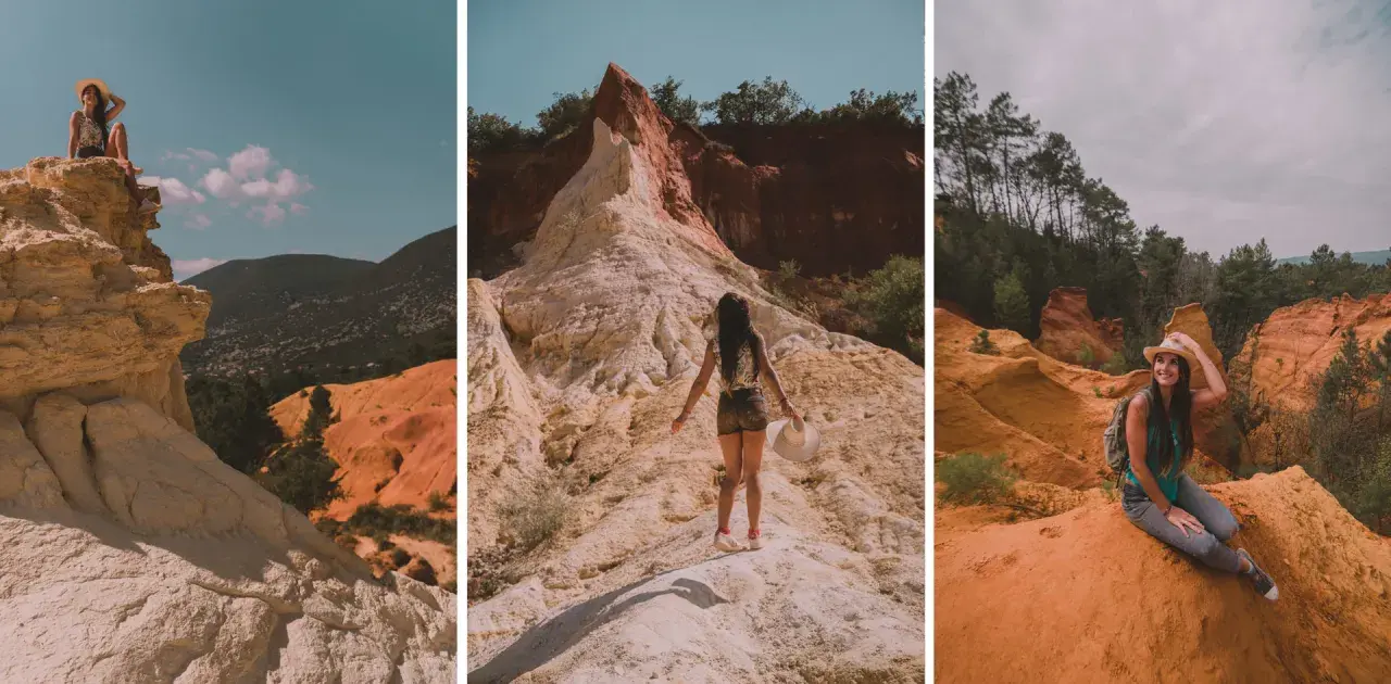 Trois femmes profitent du sentier des ocres, un paysage coloré rappelant le Colorado provençal, avec ses formations rocheuses aux teintes ocre et rouge.
