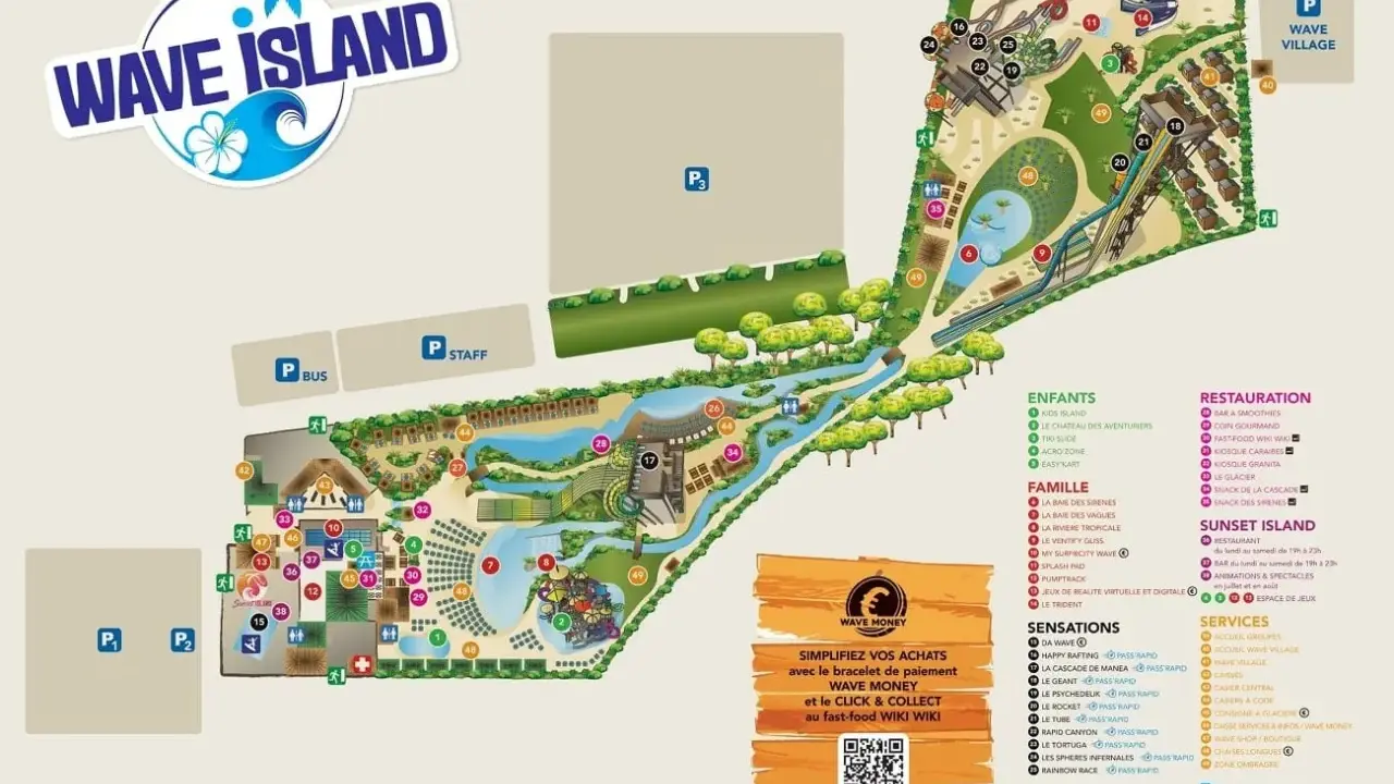 Plan du parc aquatique Wave Island, avec ses attractions, restaurants et services. Un paradis de glisse en Provence.