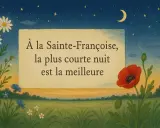Un proverbe provençal illustré : "À la Sainte-Françoise, la plus courte nuit est la meilleure". Fleurs et ciel étoilé.