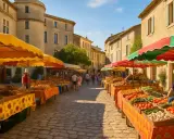 Gordes marché animé, étals colorés de fruits et légumes sous le soleil provençal.