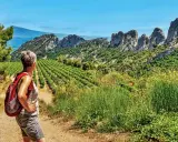 Une randonnée dans le Vaucluse, avec une femme admirant un paysage de vignobles et de montagnes rocheuses sous un ciel bleu.