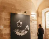Un homme admire une œuvre d'art abstraite lors d'une expo Avignon. La pièce représente une étoile au-dessus d'une forme souriante composée de fragments.