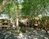 La colonne fontaine de Vaucluse, un monument imposant, se dresse au centre d'une place ombragée par de grands arbres. Des bâtiments anciens bordent la place, dont un bar-restaurant.