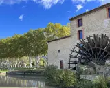 Vieux moulin en pierre avec sa roue à aubes, bordé par une rivière et une allée d'arbres aux couleurs d'automne. Les taillades semblent figées dans le temps.