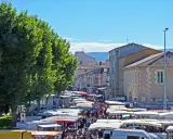 Animation de la vie au marché de Cavaillon, avec ses étals colorés sous les platanes, une foule animée et des camions de pizza.