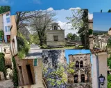Collage de vues pittoresques de Mirabeau, ville provençale avec ses ruelles, son clocher et ses maisons de pierre.