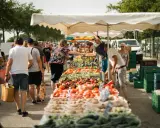 Un marché animé, les angles des étals débordent de fruits et légumes frais. Des clients font leurs courses sous les parasols blancs.