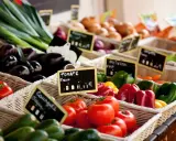 Légumes frais et colorés sur un marché provençal. Aubergines, tomates, poivrons et courgettes, un régal pour les yeux au marché Vaucluse.