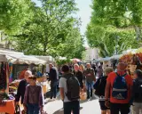 Ambiance animée au marché de Vaison-la-Romaine, avec des étals colorés de tissus et d'artisanat sous les platanes.