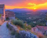 Coucher de soleil sur un village perché de Saignon, France. La lumière dorée baigne les maisons de pierre et la vallée verdoyante.