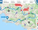 Carte d'un parcours cycliste en Provence, de Marseille aux cols, avec dénivelé et points de ravitaillement.