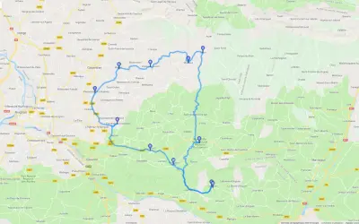 Carte Google montrant un itinéraire en voiture à travers les Gorges de la Nesque, avec des points d'intérêt comme Sault et Gordes.