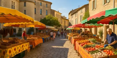 Gordes marché animé, étals colorés de fruits et légumes sous le soleil provençal.