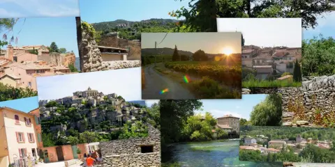 Collage de villages provençaux, dont un aperçu de **Cabrières d'Avignon** avec ses maisons en pierre et ses ruelles pittoresques.
