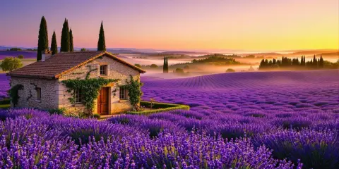 Maison de pierre au milieu d'un champ de floraison lavande, au coucher du soleil. Paysage de Provence.