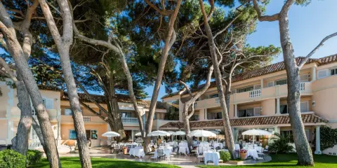 Un magnifique cheval blanc se promène dans un jardin luxuriant en Provence, près d'un hôtel de luxe avec terrasse.
