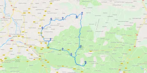 Carte Google montrant un itinéraire en voiture à travers les Gorges de la Nesque, avec des points d'intérêt comme Sault et Gordes.