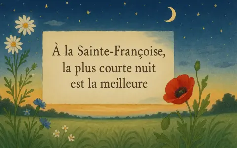 Un proverbe provençal illustré : "À la Sainte-Françoise, la plus courte nuit est la meilleure". Fleurs et ciel étoilé.