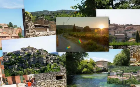 Collage de villages provençaux, dont un aperçu de **Cabrières d'Avignon** avec ses maisons en pierre et ses ruelles pittoresques.