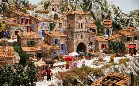 Une **crèche provençale** animée avec des santons, des maisons en pierre, un âne, un chariot et une fontaine, le tout dans un paysage rocheux.