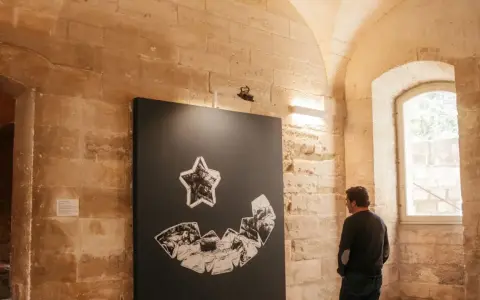 Un homme admire une œuvre d'art abstraite lors d'une expo Avignon. La pièce représente une étoile au-dessus d'une forme souriante composée de fragments.