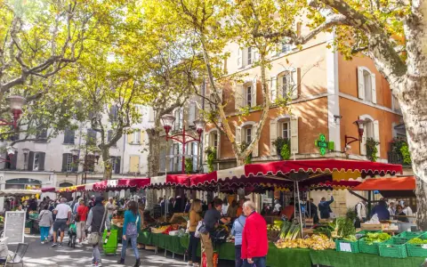 Ambiance animée au marché de Manosque, sous les platanes aux feuilles d'automne. Étals colorés de fruits et légumes frais, passants flânant.