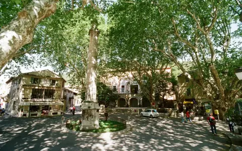 La colonne fontaine de Vaucluse, un monument imposant, se dresse au centre d'une place ombragée par de grands arbres. Des bâtiments anciens bordent la place, dont un bar-restaurant.