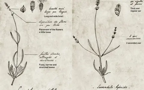 Dessin botanique comparant deux variétés de lavande : Lavandula angustifolia et Lavandula hybrida, avec annotations sur leurs feuilles et épis.