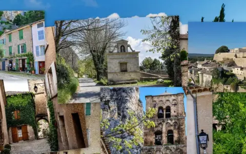 Collage de vues pittoresques de Mirabeau, ville provençale avec ses ruelles, son clocher et ses maisons de pierre.