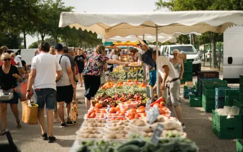 Un marché animé, les angles des étals débordent de fruits et légumes frais. Des clients font leurs courses sous les parasols blancs.