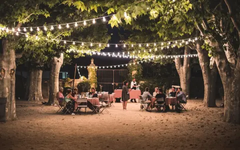 Soirée d'été en Provence sous les guirlandes lumineuses. Un dîner en plein air, parfait pour l'agenda des manifestations en Provence.