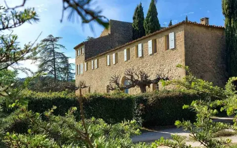 Le **château Saint-Pierre de Mejannes** se dresse, baigné de soleil, derrière une haie taillée et des branches de pin.