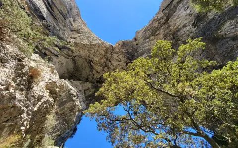 Vue plongeante d'un arc rocheux naturel lors d'une randonnée à Bonnieux, avec des arbres verdoyants et un ciel bleu éclatant.
